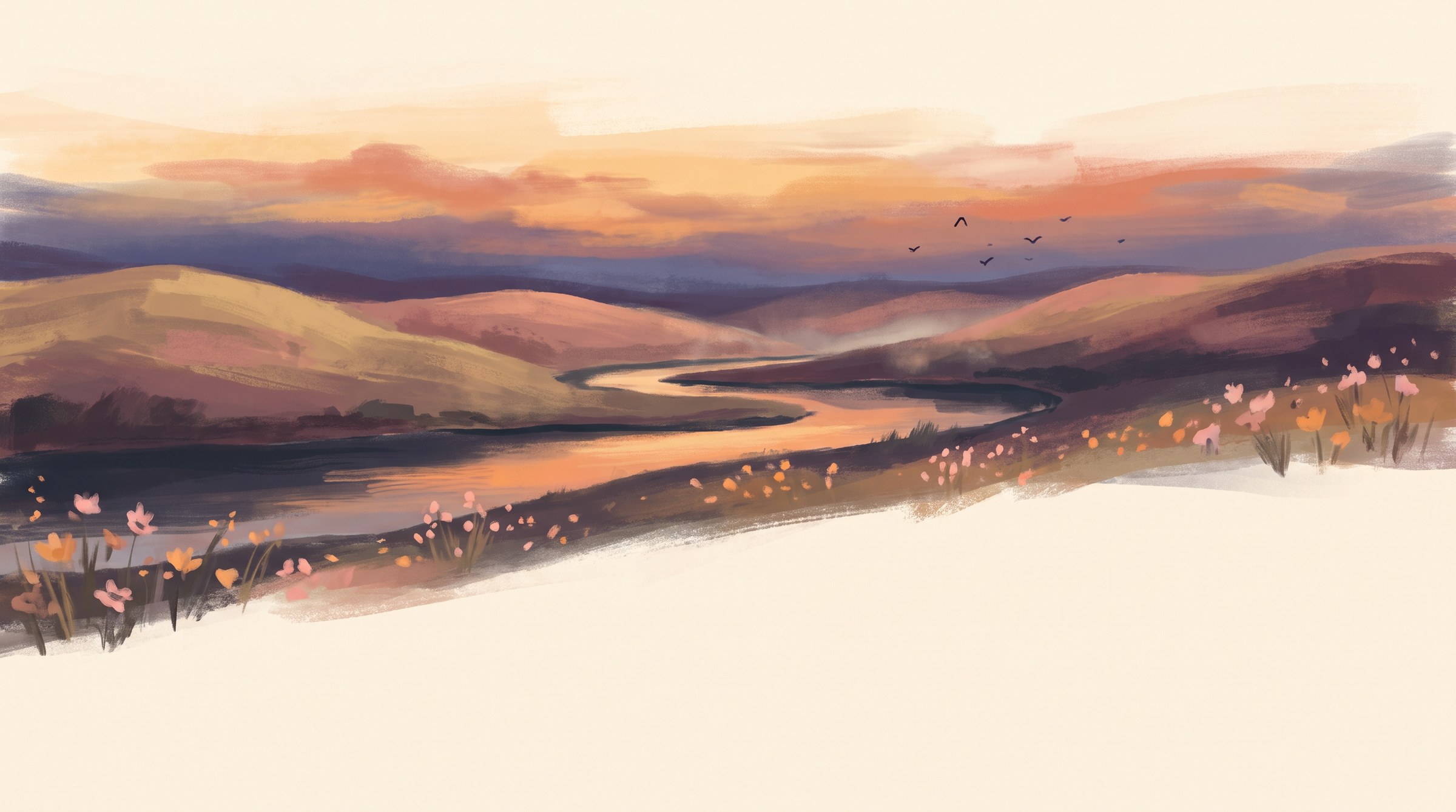 Painted illustration of the Grand River at dusk